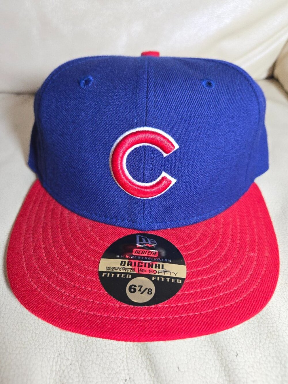 Vintage New Era 59FIFTY Chicago Cubs Fitted Hat 6 7/8 Blue Red Grey Underbrim